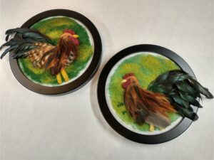 pair of felted roosters